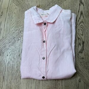 M.Rena Women's Size Small Pink Linen Button Down Short‎ Sleeve Shirt Top